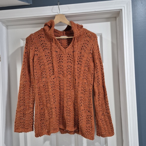 Royal Robbins Sweater Womens Large Burnt Orange Hoodie Open Knit Hippie Boho - Picture 1 of 8